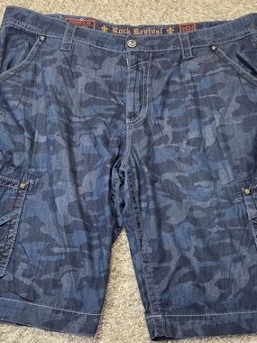 Rock Revival Mens 44 Blue Camo Cargo Shorts Thick Stitch Y2K Baggy Gorpcore
